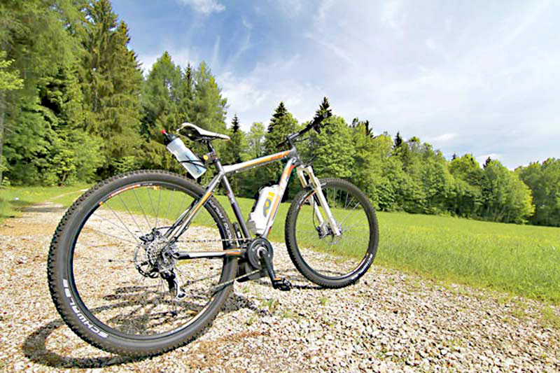 Fahrrad steht alleine auf der Waldstrasse mit blauen Himmel und tiefgrüner Wiese und Bäumen