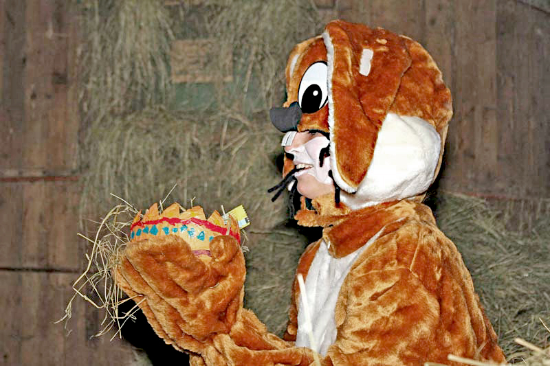 Lebensgroßer Osterhase im heu mit einem Nest in der hand