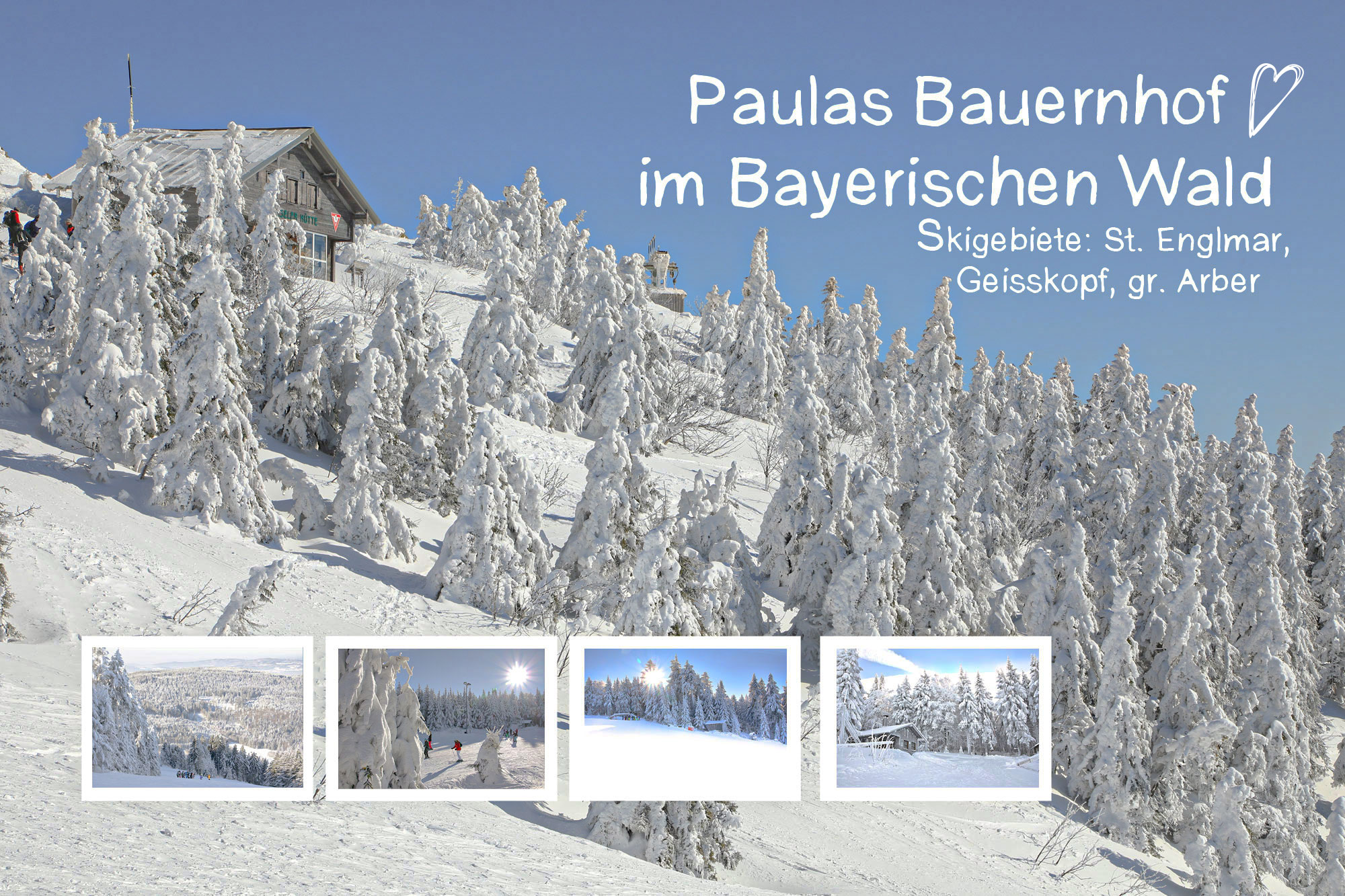 Winter auf dem verschneiten Berg mit einer Hütte und blauen Himmel