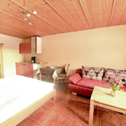 Appartment mit Bett, Schrank, Küche Essecke, Couch und Couchtisch. Zimmer mit einer Holzdecke und Fliesenboden