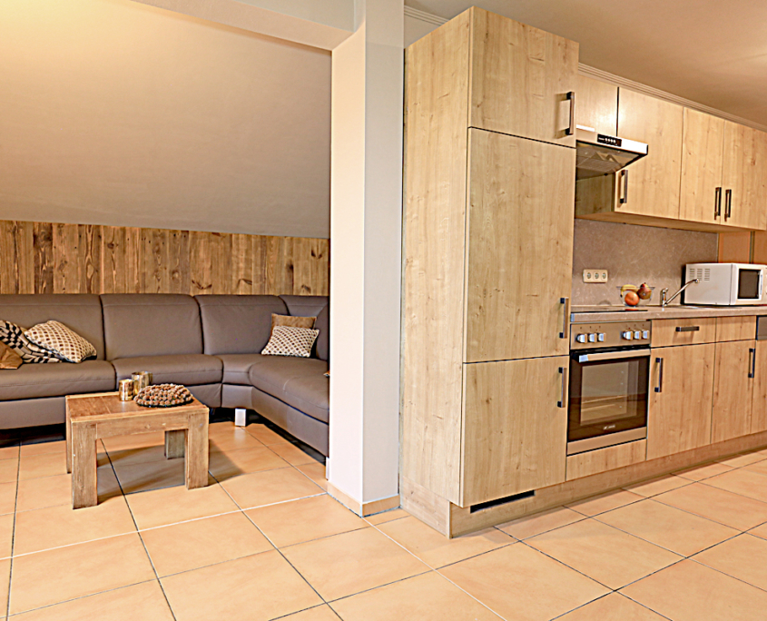 Wohnung mit eingebauter Küche mit Microwelle und Wohnbereich mit Couch und Couchtisch,sowie Polster und Decke