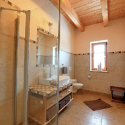 Badezimmer mit Dusche, WC und Aussenfenster, Fliesen an Wand und Boden