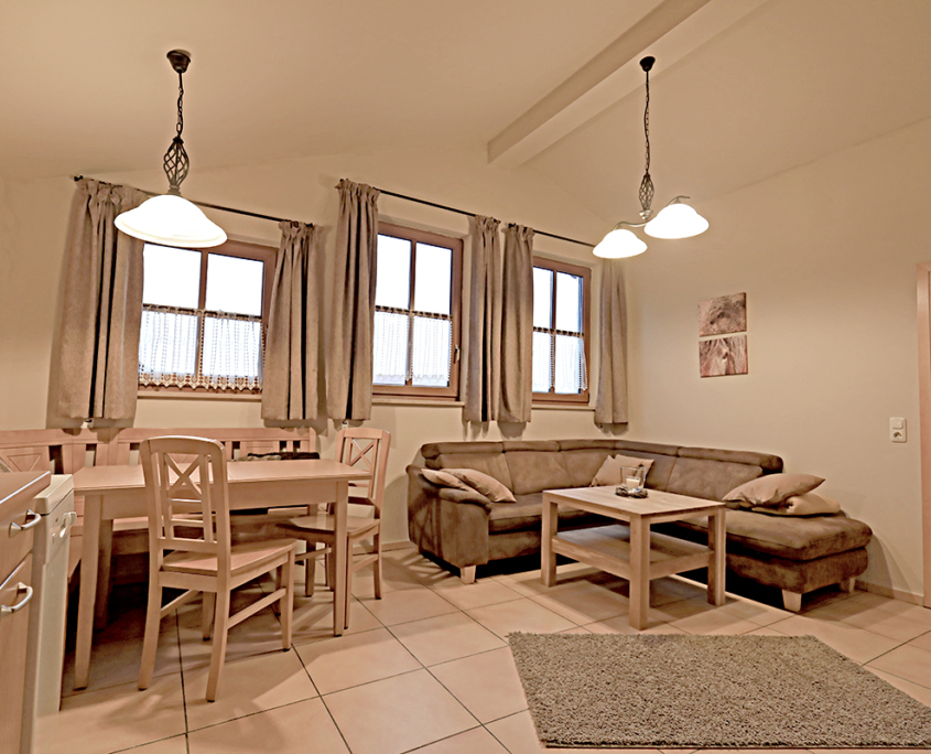 Ferienwohnung mit drei Fenster, Couch und Essecke, sowie Küche,Teppich, und eine Tür